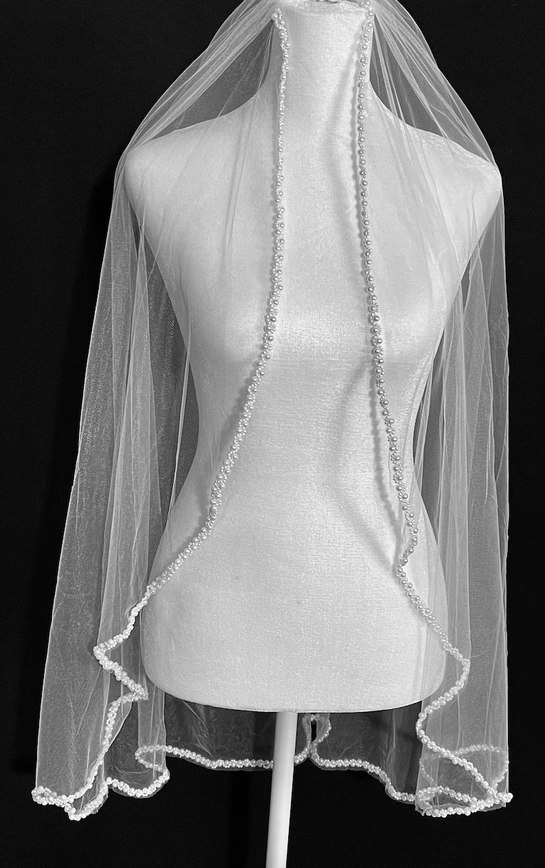 Pearls Beaded Veil, Ivory Wedding Veil, White pearl & Crystal Veil, Elbow Veil, Fingertip Veil, Cathedral Veil - Free Tulle Samples