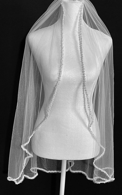 Pearls Beaded Veil, Ivory Wedding Veil, White pearl & Crystal Veil, Elbow Veil, Fingertip Veil, Cathedral Veil - Free Tulle Samples